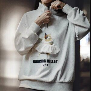 Maden Printed Cartoon Sweatshirts Loose Pullover Light Gray Sweatshirt Women (L)